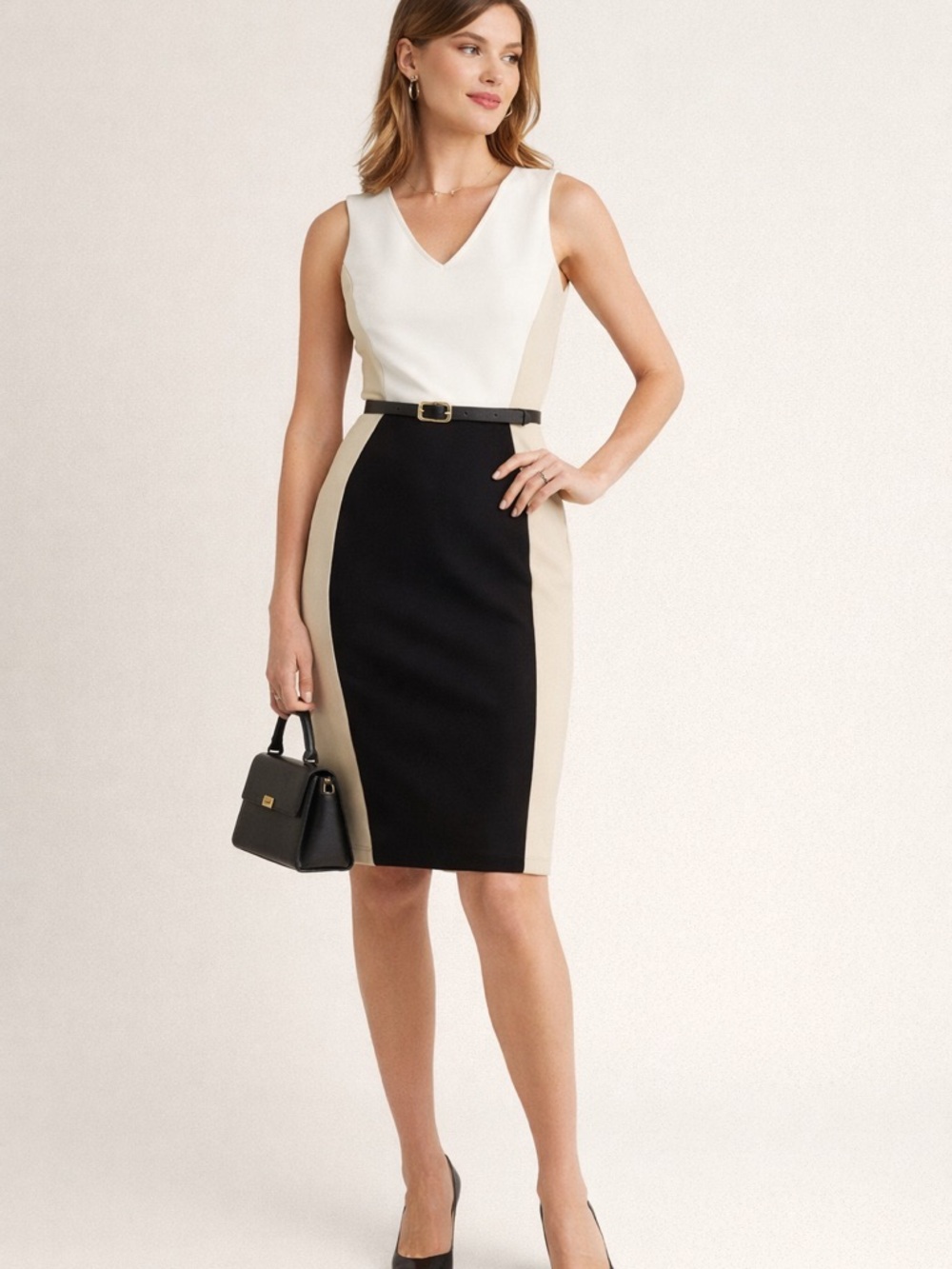 Maggy London Sheath Dress 4 Black Ivory Colorblock Work V Neck Midi